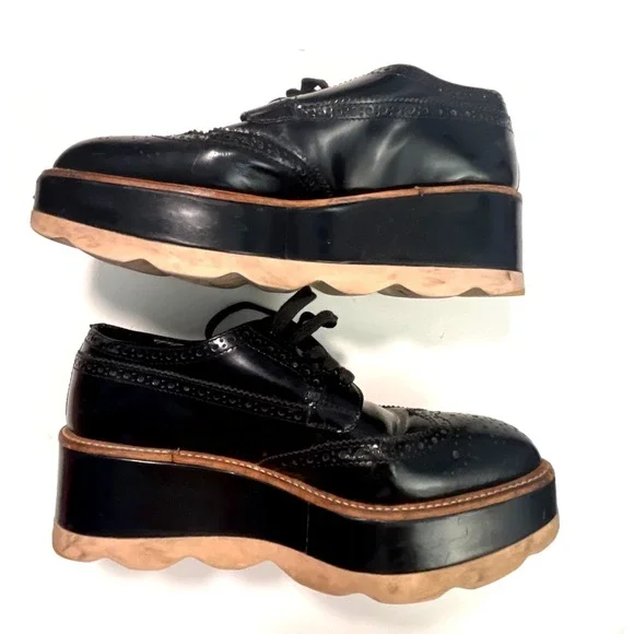PRADA Wave Sole Black Wingtip Shoes 1E935G Size 36.5 US 6.5 Women 's Platform - Picture 3 of 14